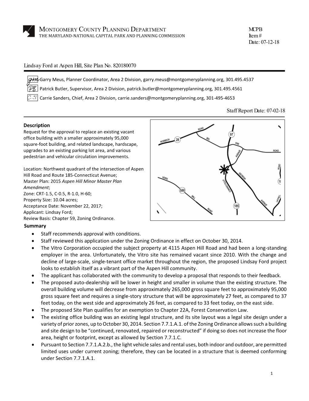 07-12-18 Lindsay Ford at Aspen Hill, Site Plan No. 820180070 Staff Report Date