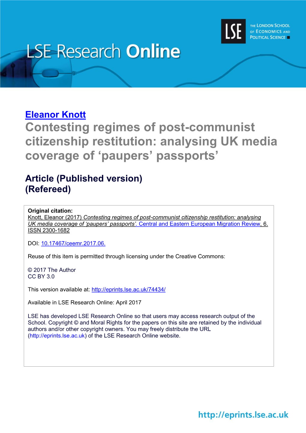 Contesting Regimes of Post-Communist Citizenship Restitution: Analysing UK Media Coverage of ‘Paupers’ Passports’