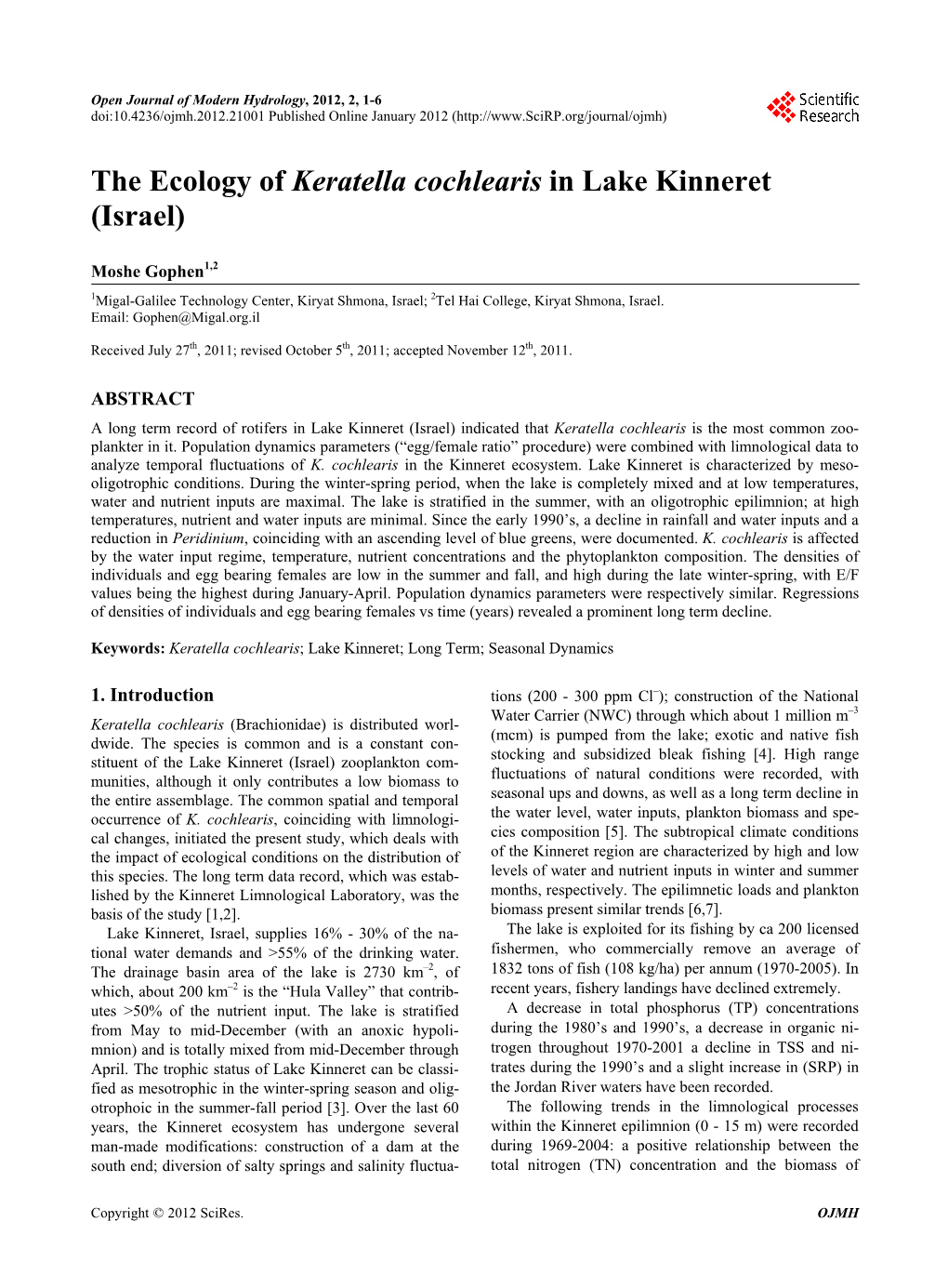 The Ecology of Keratella Cochlearis in Lake Kinneret (Israel)