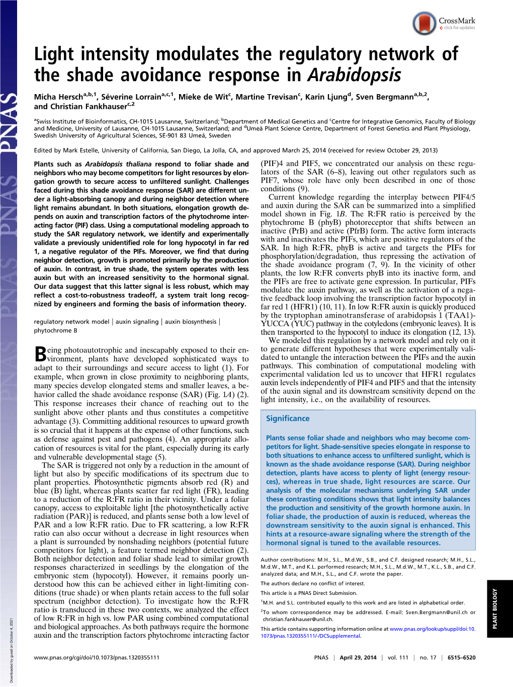 Light Intensity Modulates the Regulatory Network of the Shade Avoidance Response in Arabidopsis