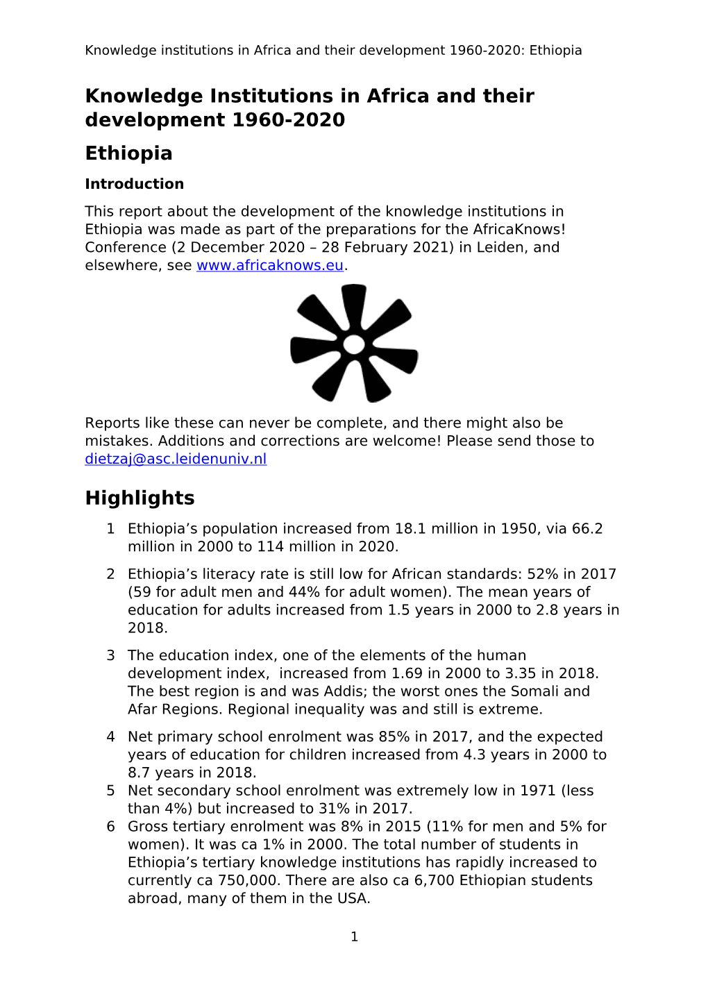 Knowledge Institutions in Africa and Their Development 1960-2020: Ethiopia