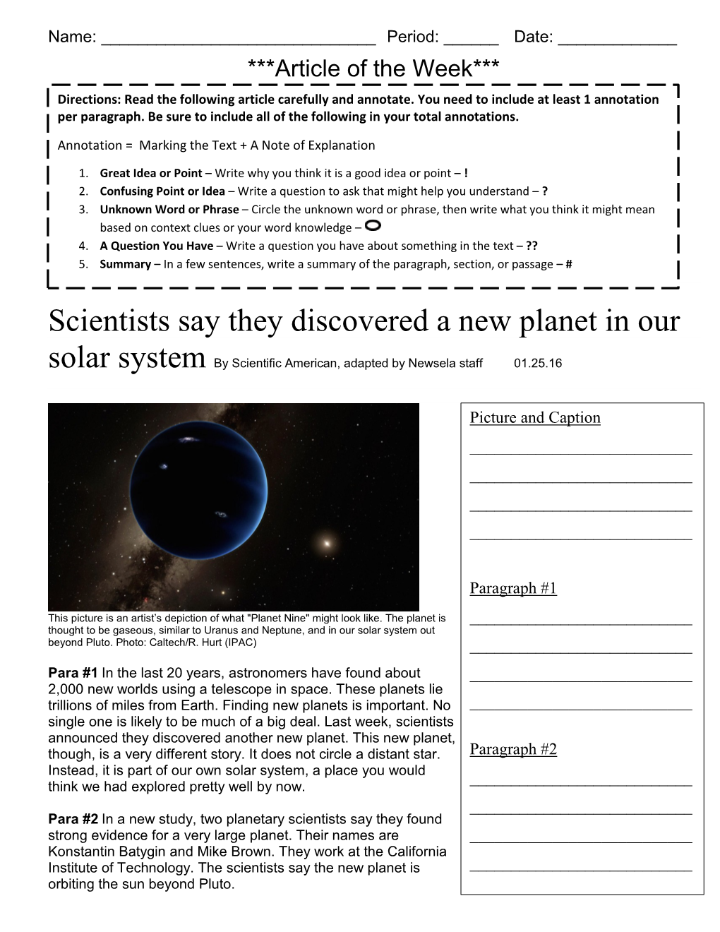 Scientists Say They Discovered a New Planet in Our Solar System by Scientific American, Adapted by Newsela Staff 01.25.16