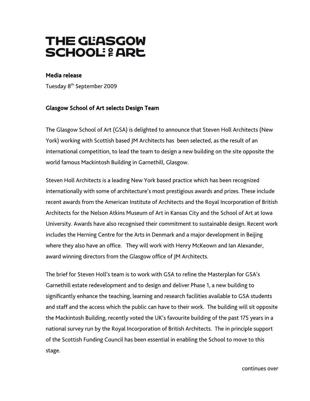 Media Release Tuesday 8Th September 2009 Glasgow School of Art