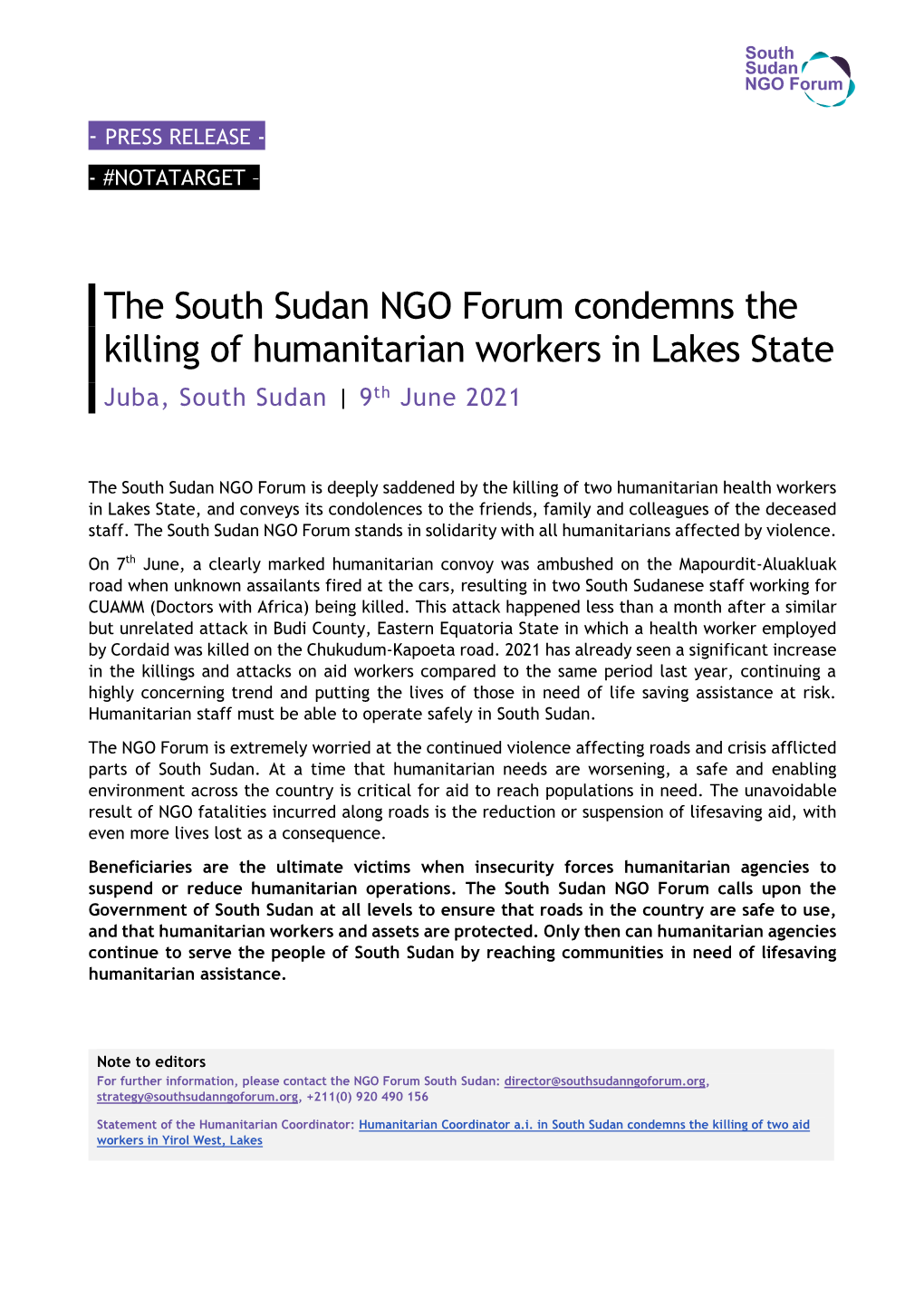 South Sudan NGO Forum Condemns the Killing of Humanitarian Workers in Lakes State Juba, South Sudan | 9Th June 2021