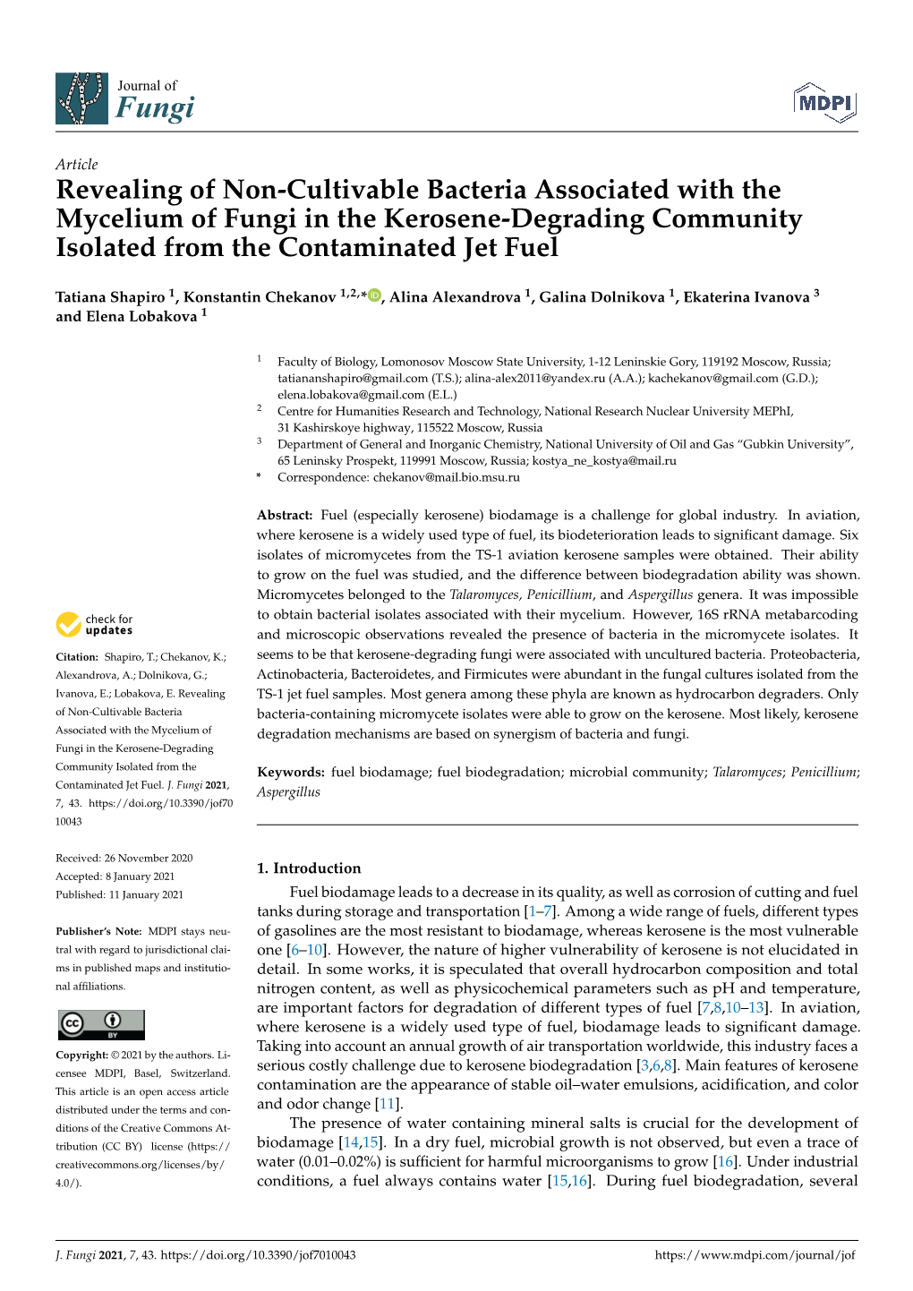 Revealing of Non-Cultivable Bacteria Associated with the Mycelium of Fungi in the Kerosene-Degrading Community Isolated from the Contaminated Jet Fuel