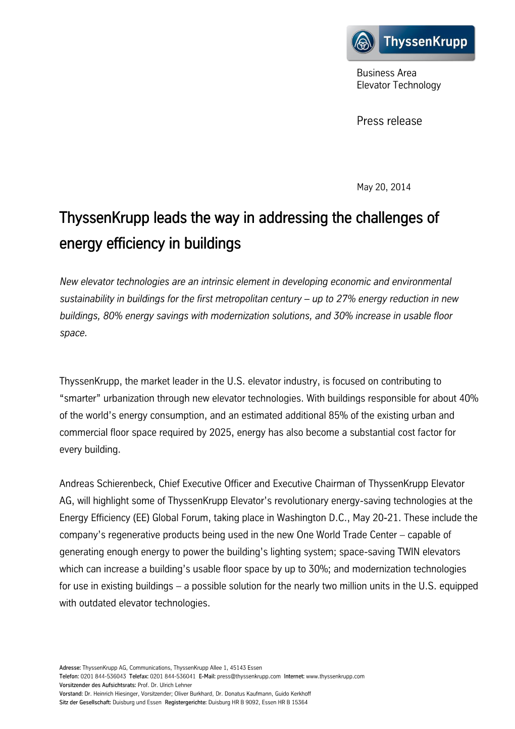 Thyssenkrupp Leads the Way in Addressing the Challenges of Energy Efficiency in Buildings