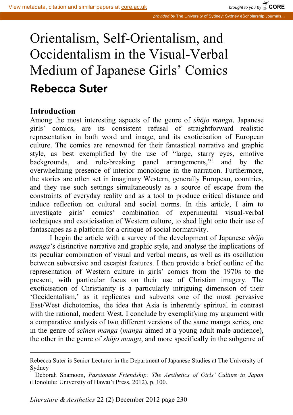 Orientalism, Self-Orientalism, and Occidentalism in the Visual-Verbal Medium of Japanese Girls' Comics