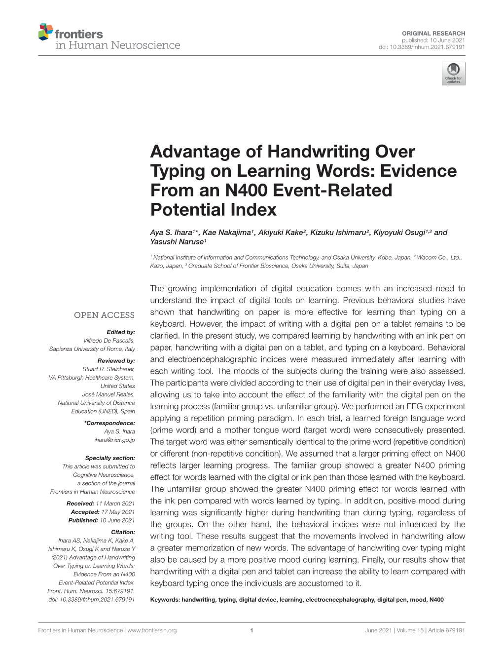 Advantage of Handwriting Over Typing on Learning Words: Evidence from an N400 Event-Related Potential Index