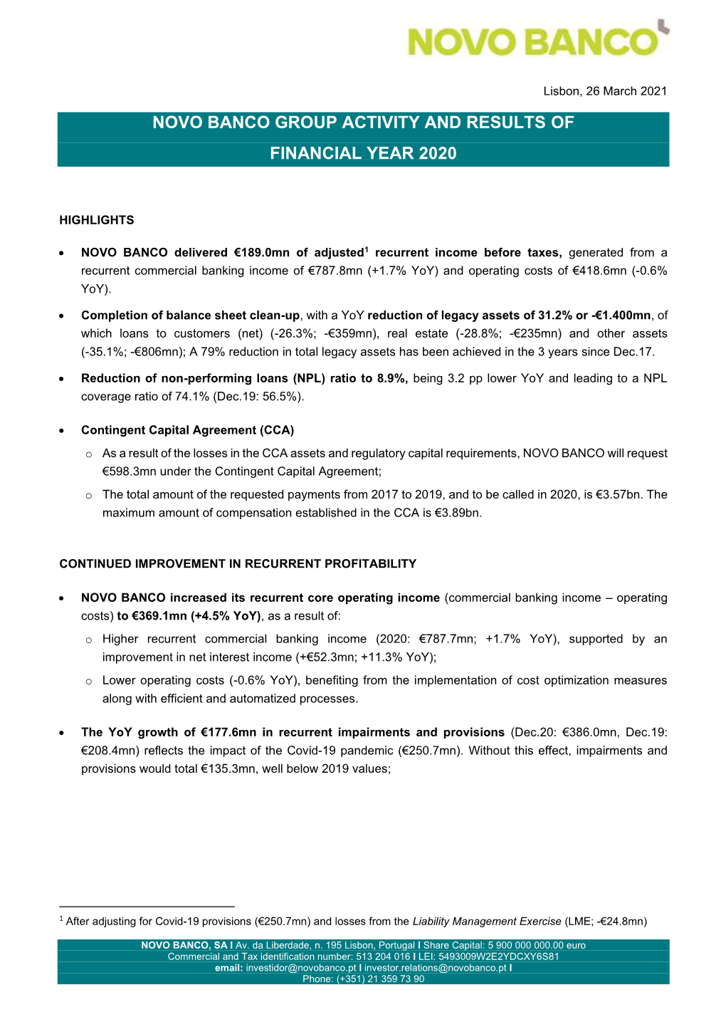 Novo Banco Group Activity and Results of Financial Year 2020