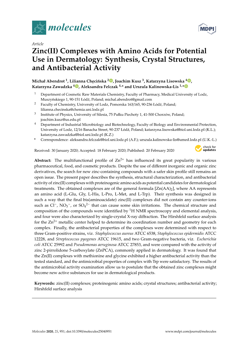 Zinc(II) Complexes with Amino Acids for Potential Use in Dermatology: Synthesis, Crystal Structures, and Antibacterial Activity