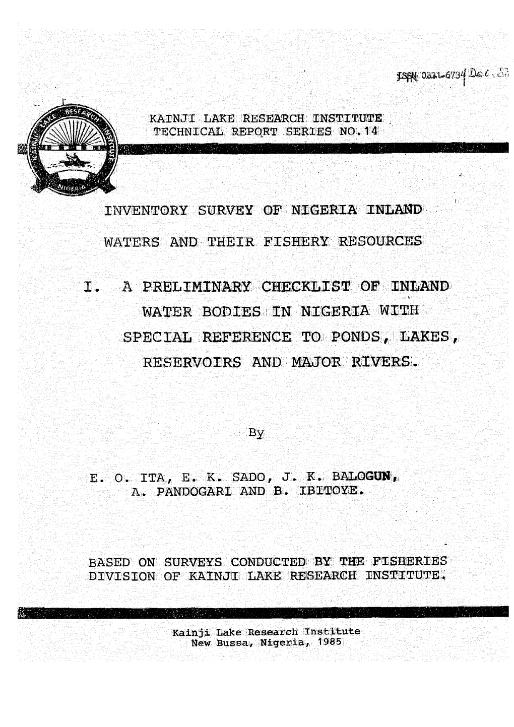 I. A: PRELIMINARY. CHECKLIST CF Inlad WATER BODIES IN