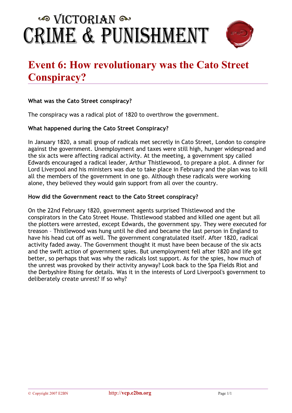 Event 6: How Revolutionary Was the Cato Street Conspiracy?