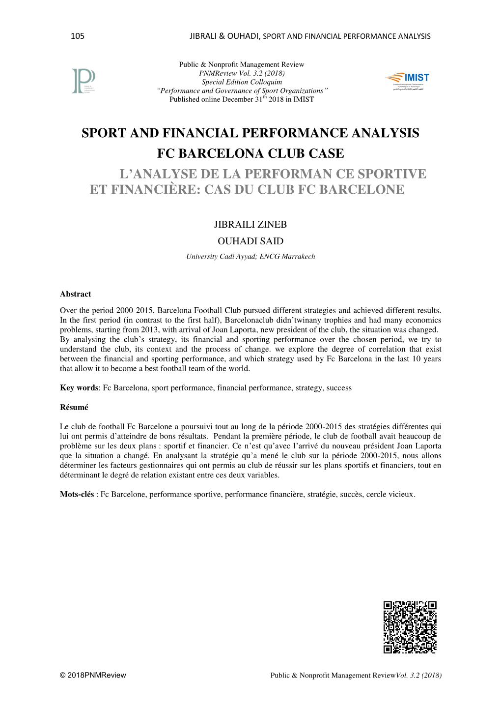 Sport and Financial Performance Analysis Fc Barcelona Club Case L’Analyse De La Performan Ce Sportive Et Financière: Cas Du Club Fc Barcelone