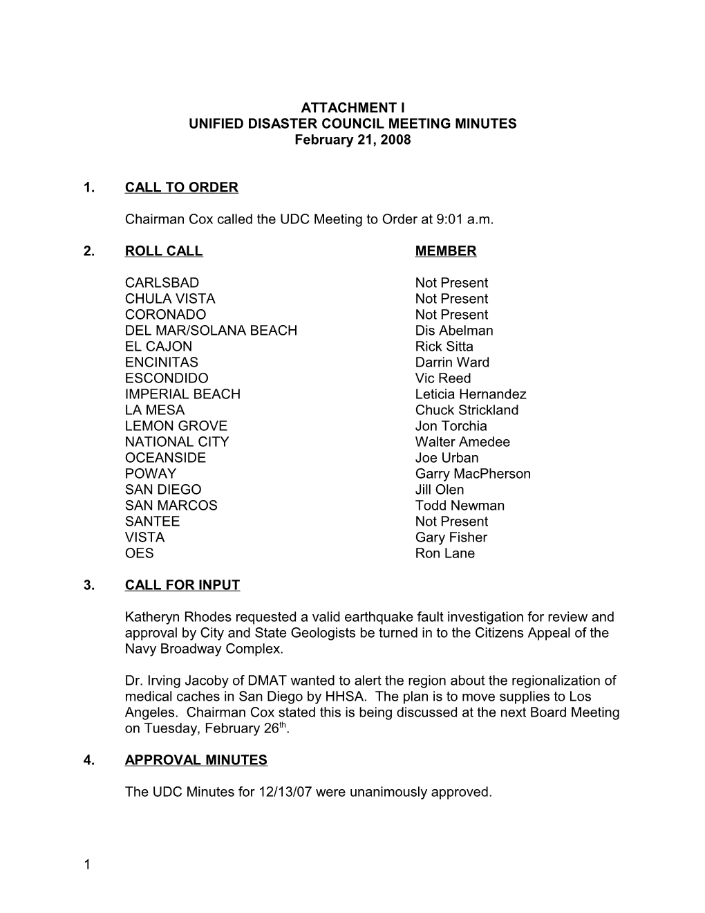 Unified Disaster Council Meeting Minutes