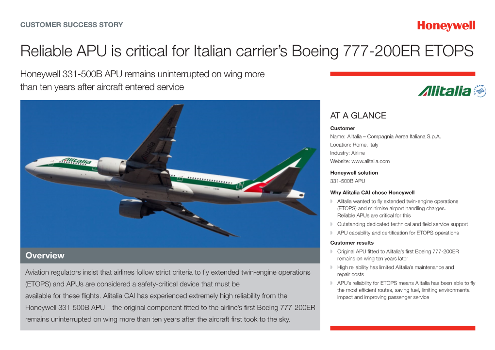 Reliable APU Is Critical for Italian Carrier's Boeing 777-200ER ETOPS