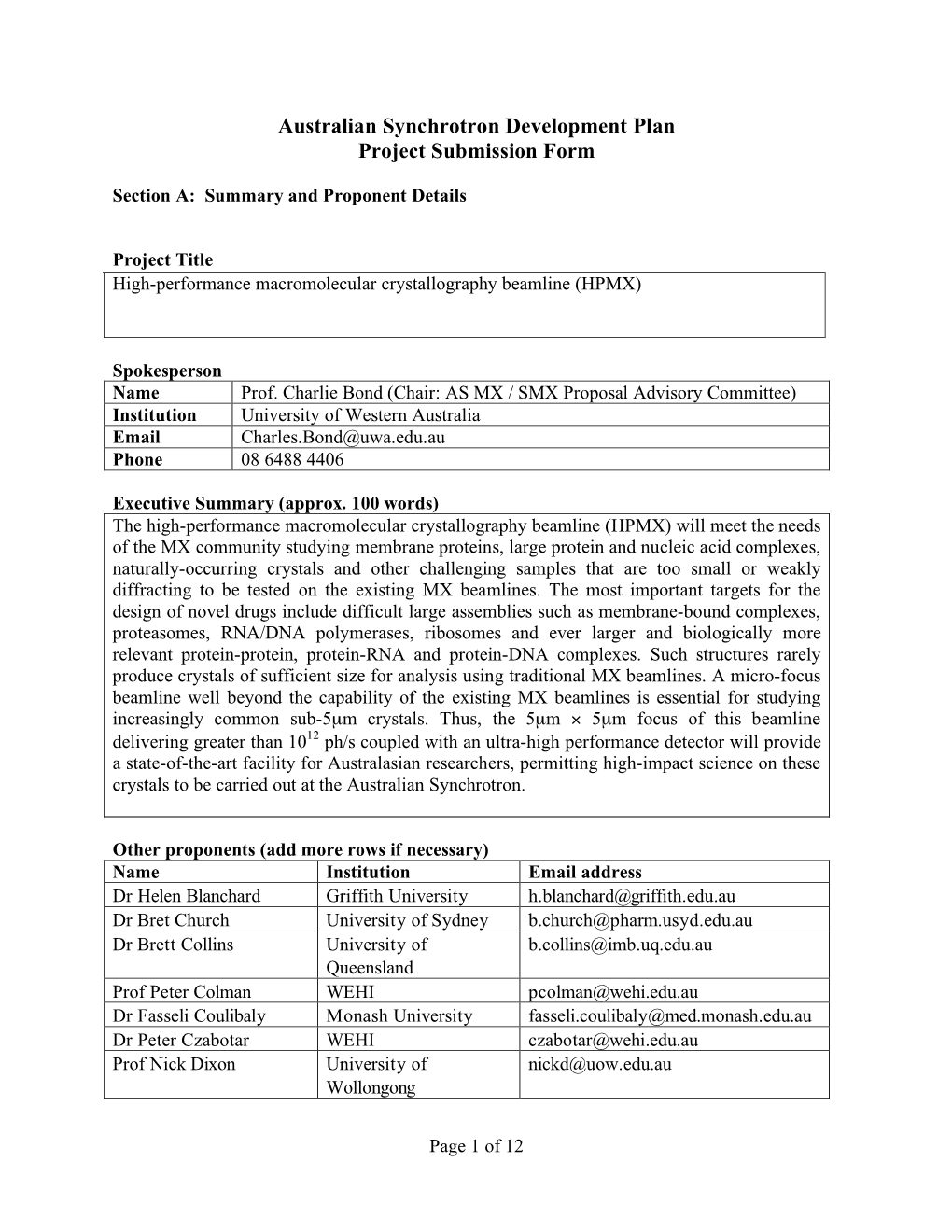 Australian Synchrotron Development Plan Project Submission Form