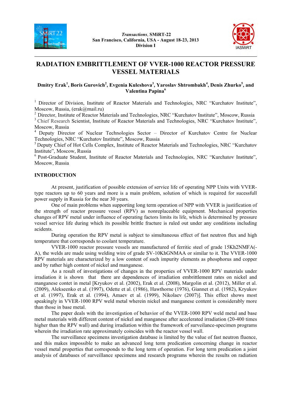 Radiation Embrittlement of Vver-1000 Reactor Pressure Vessel Materials