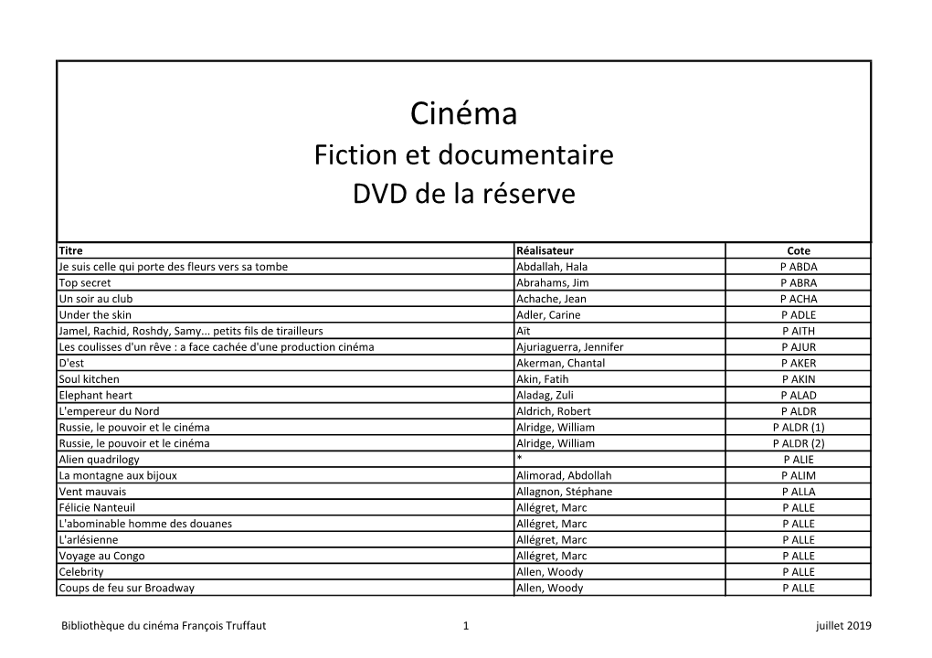 Cinéma Fiction Et Documentaire DVD De La Réserve