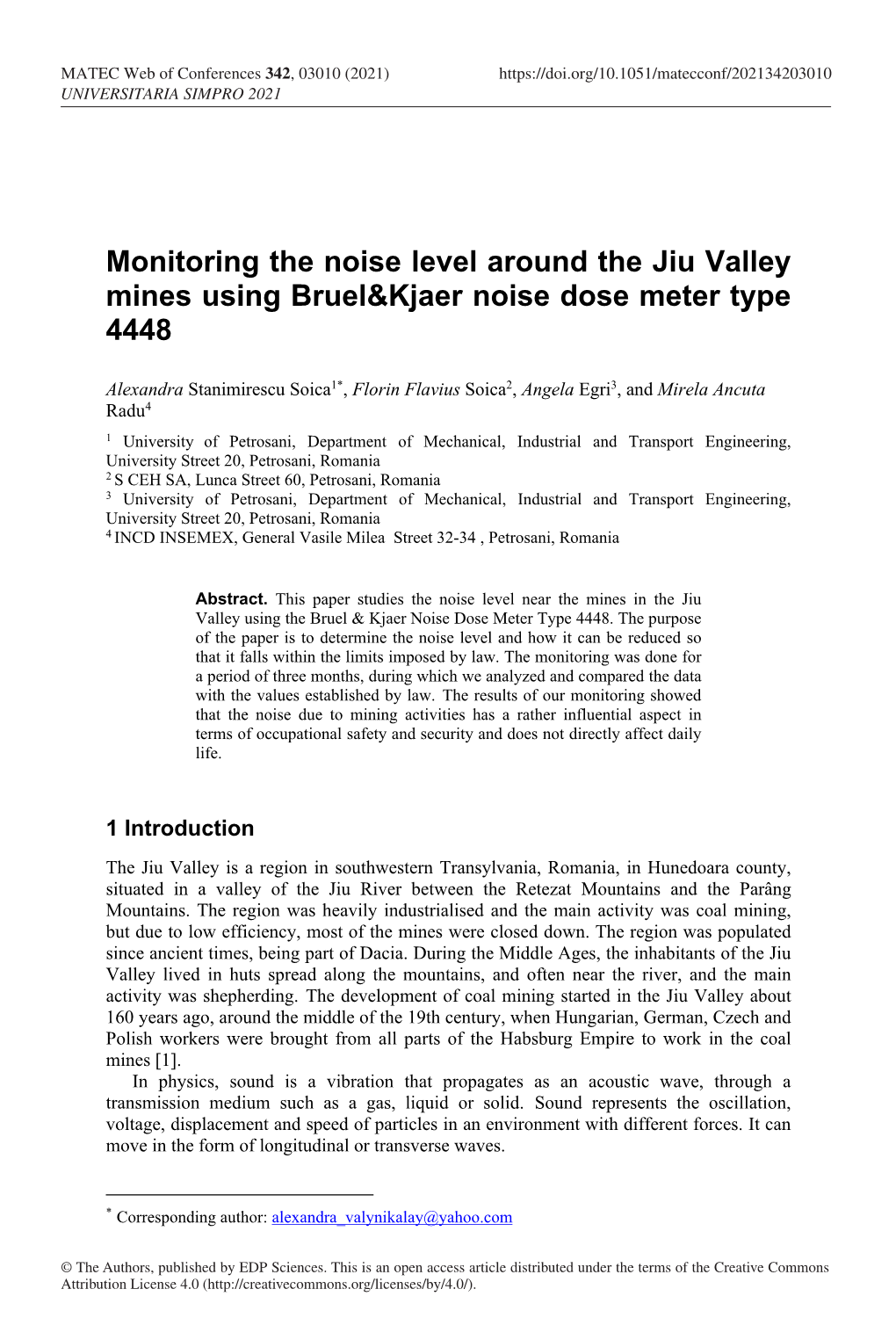 Monitoring the Noise Level Around the Jiu Valley Mines Using Bruel&Kjaer Noise Dose Meter Type 4448