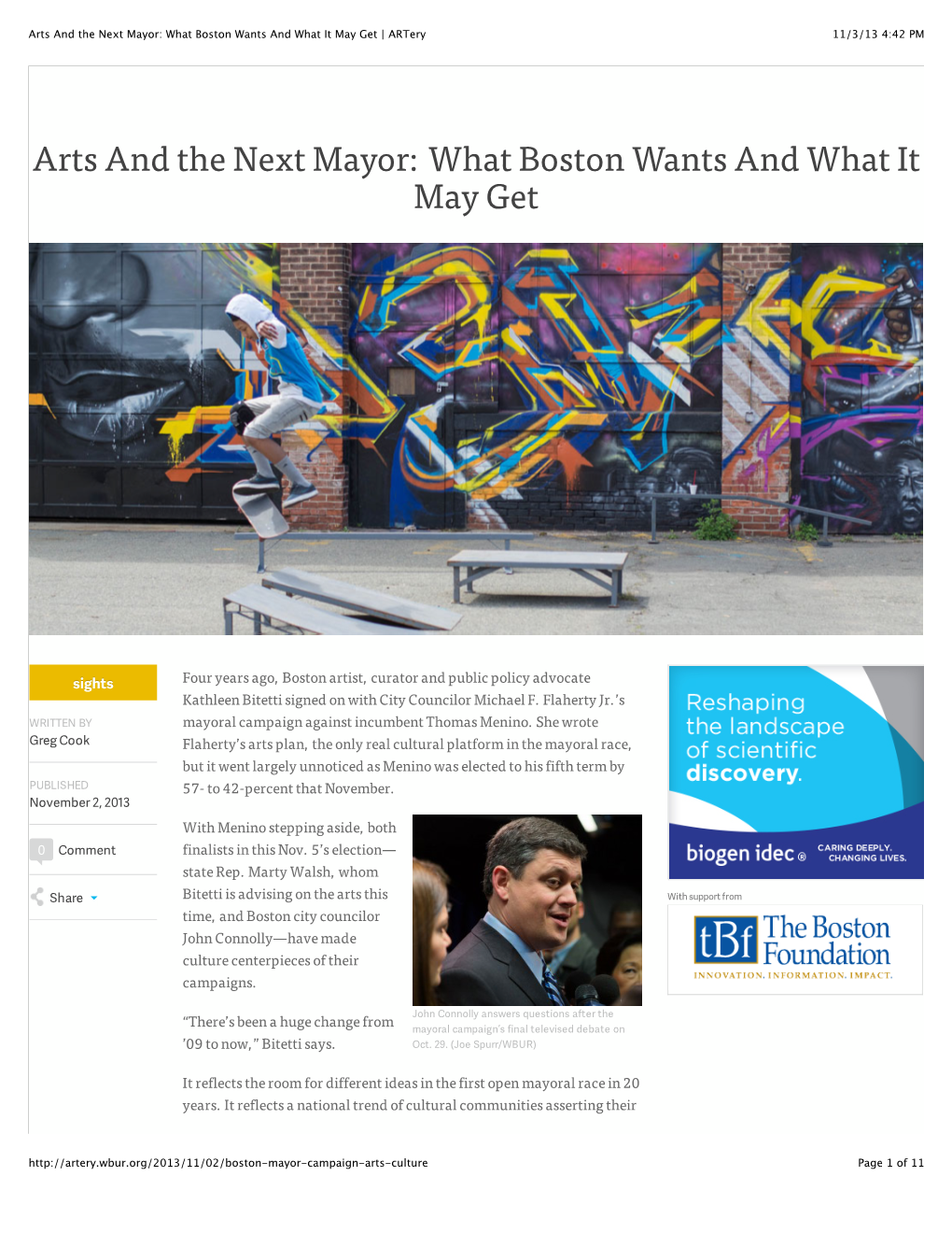 Arts and the Next Mayor: What Boston Wants and What It May Get | Artery 11/3/13 4:42 PM