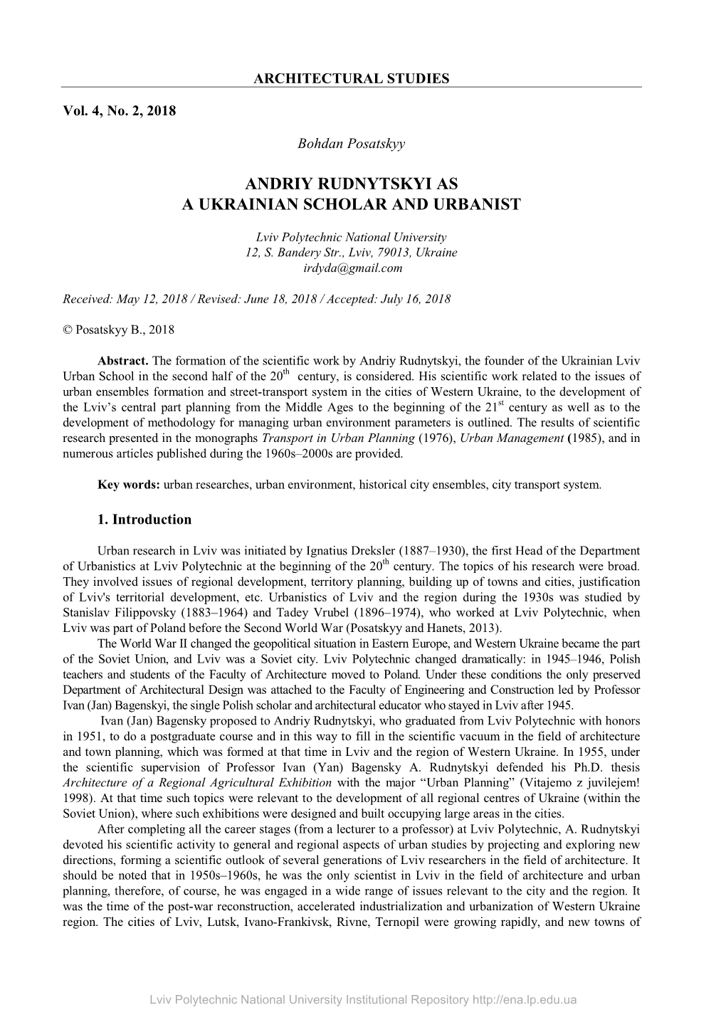 Andriy Rudnytskyi As a Ukrainian Scholar and Urbanist