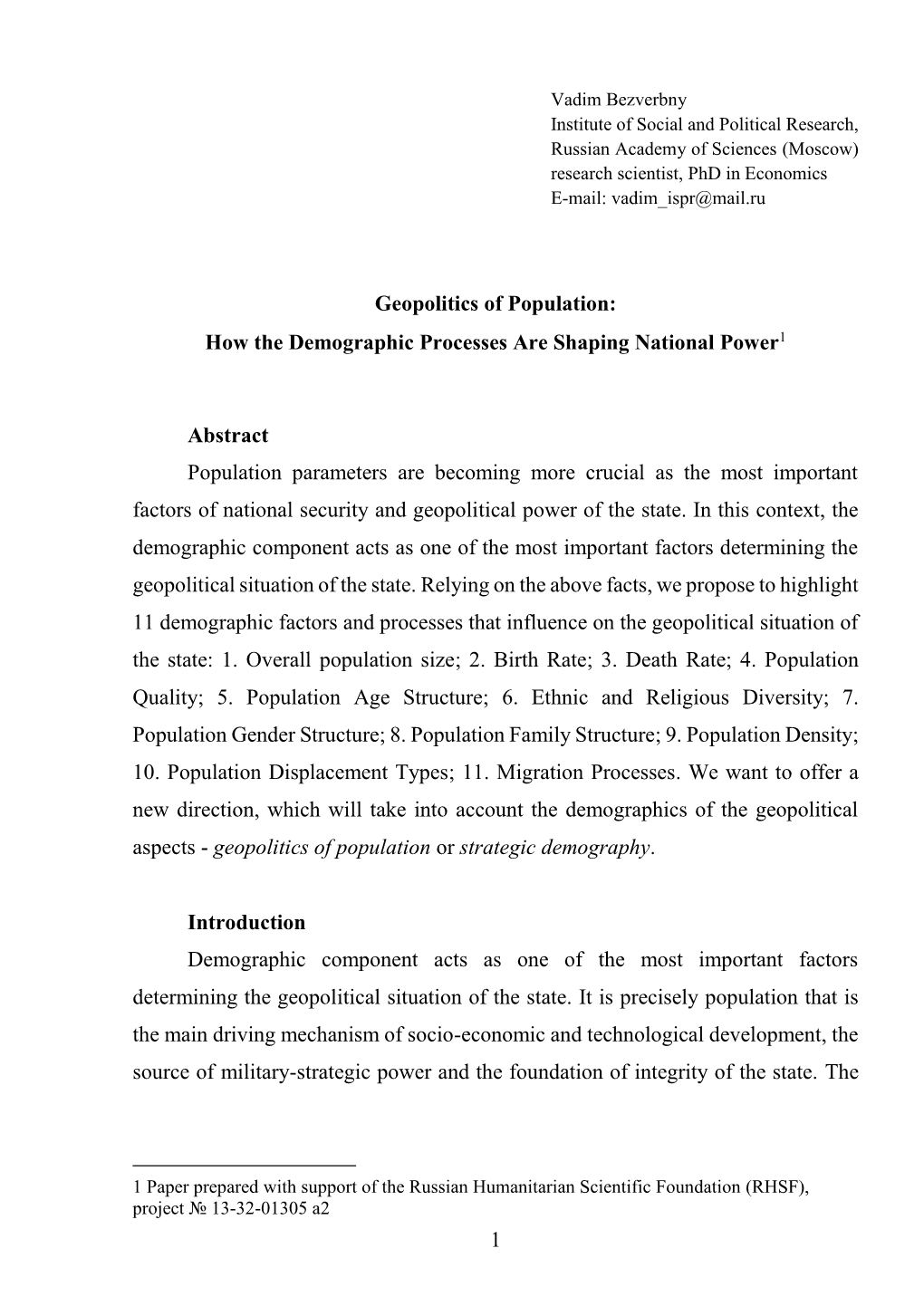 1 Geopolitics of Population: How the Demographic Processes Are