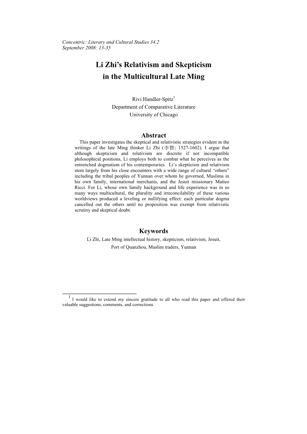 Li Zhi's Relativism and Skepticism in the Multicultural Late Ming