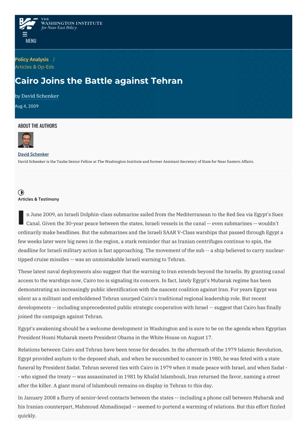 Cairo Joins the Battle Against Tehran | the Washington Institute