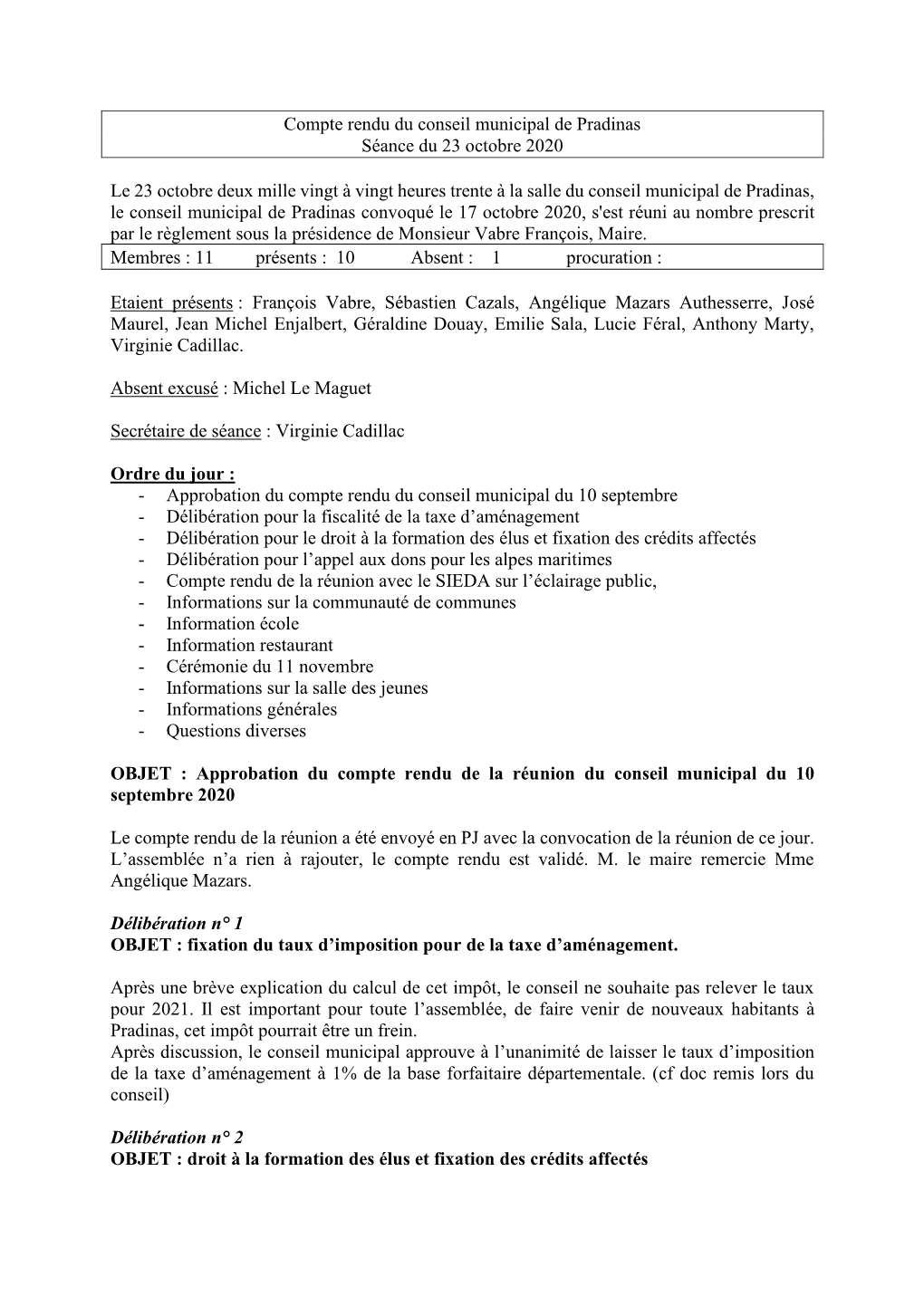 Compte Rendu Du Conseil Municipal De Pradinas Séance Du 23 Octobre 2020