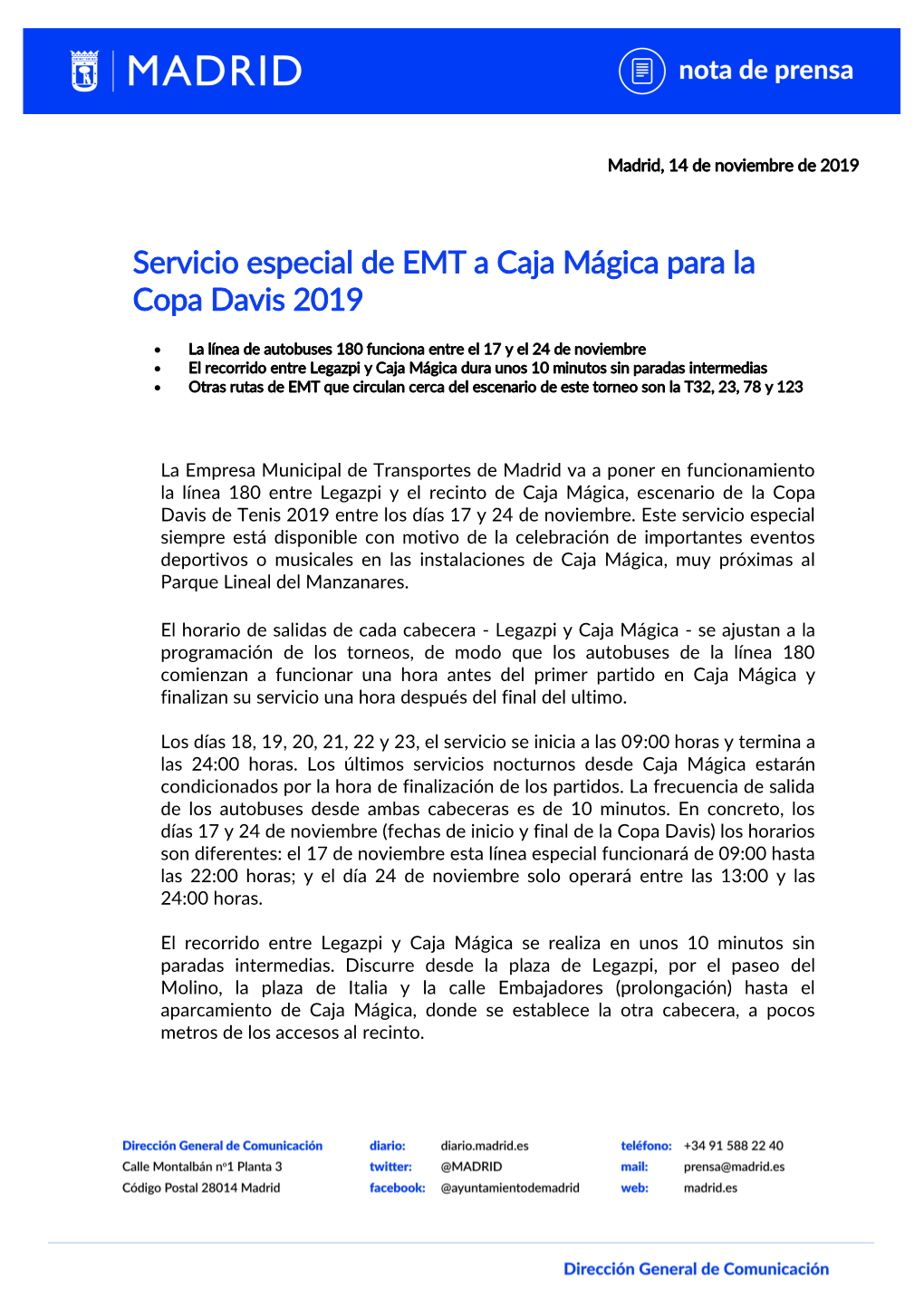 Servicio Especial De EMT a Caja Mágica Para La Copa Davis 2019