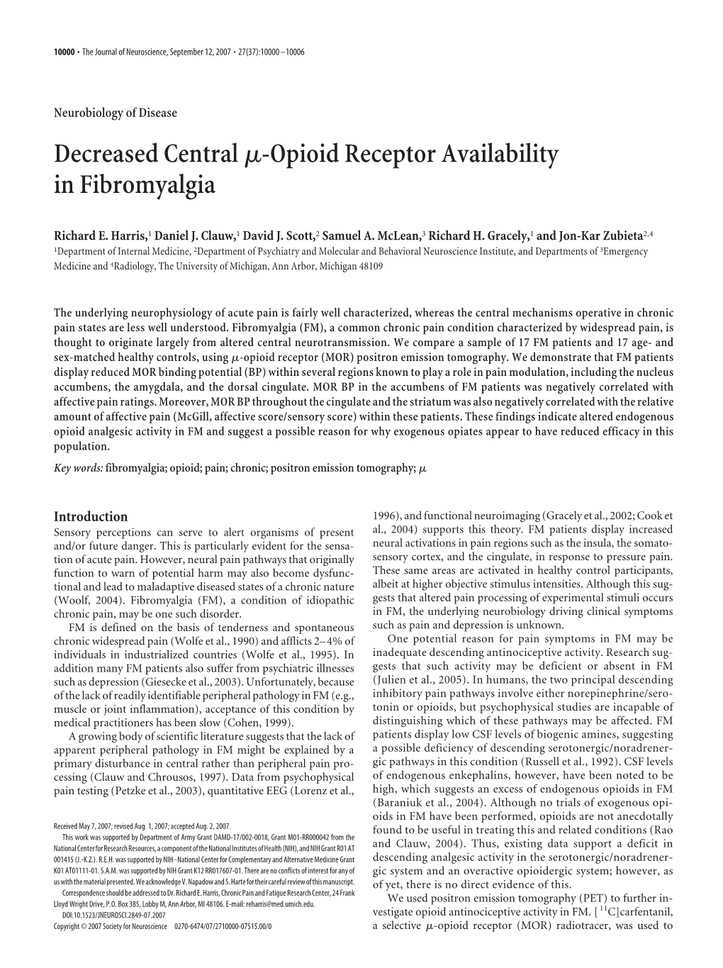 Decreased Central -Opioid Receptor Availability in Fibromyalgia