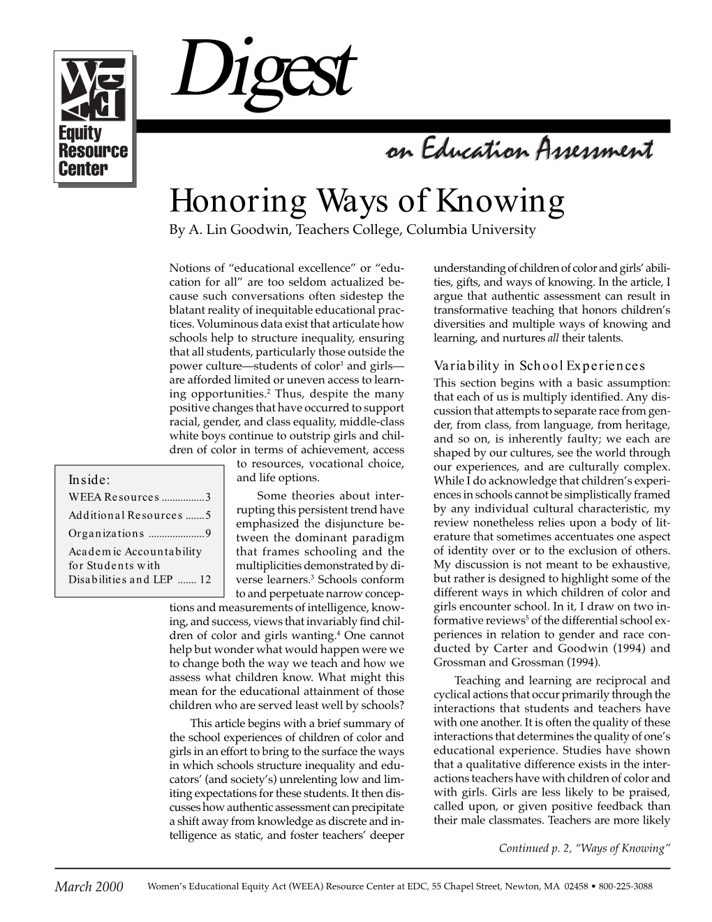 Education Assessment: Honoring Ways of Knowing