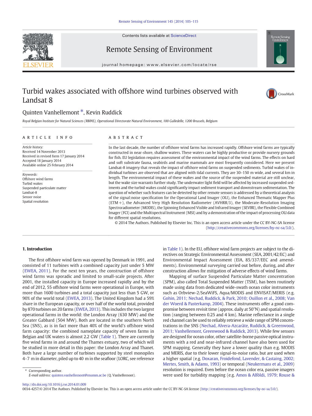 Turbid Wakes Associated with Offshore Wind Turbines Observed with Landsat 8