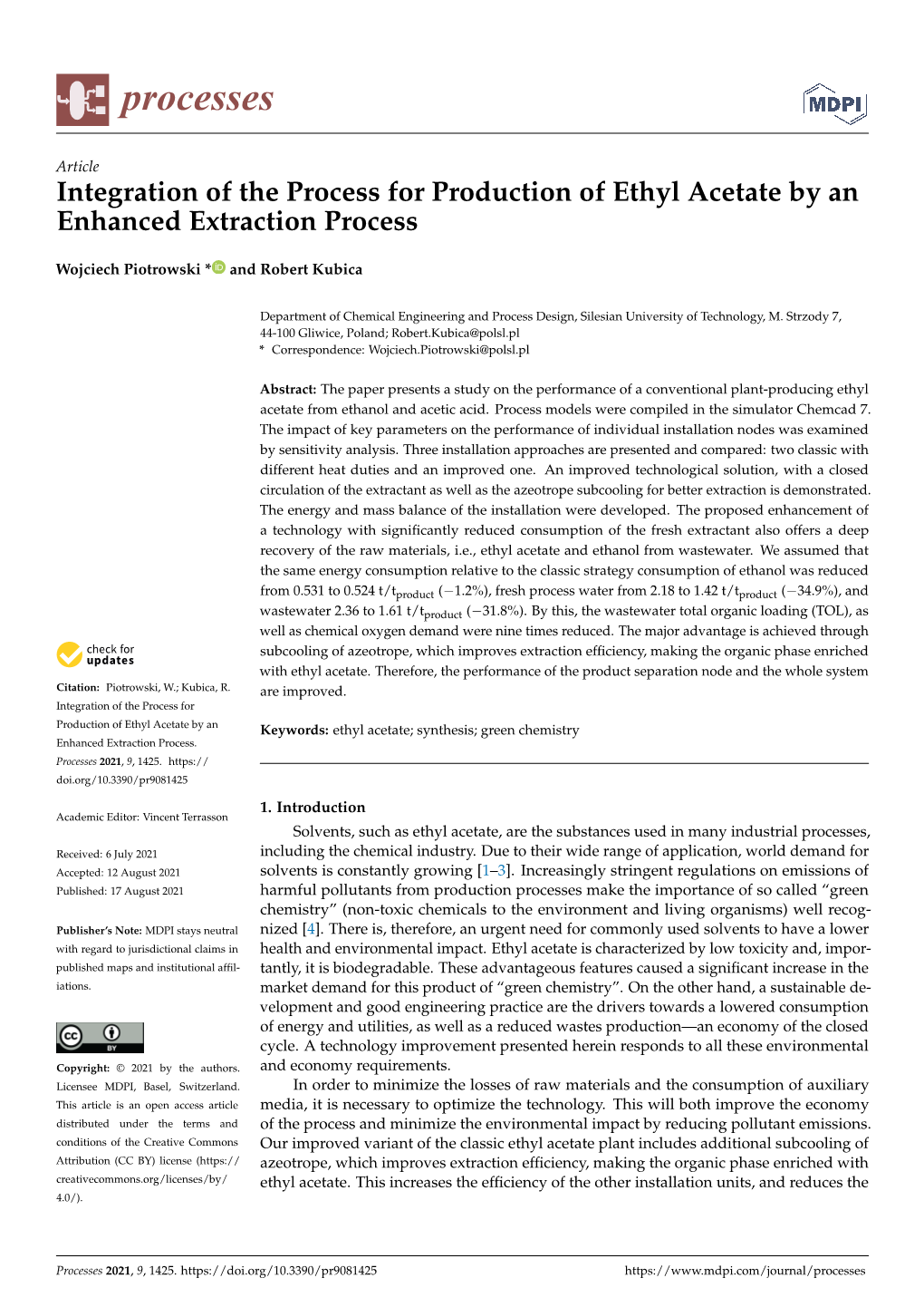 Integration of the Process for Production of Ethyl Acetate by an Enhanced Extraction Process