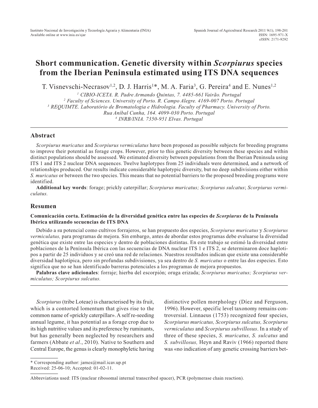 Short Communication. Genetic Diversity Within Scorpiurus Species from the Iberian Peninsula Estimated Using ITS DNA Sequences T