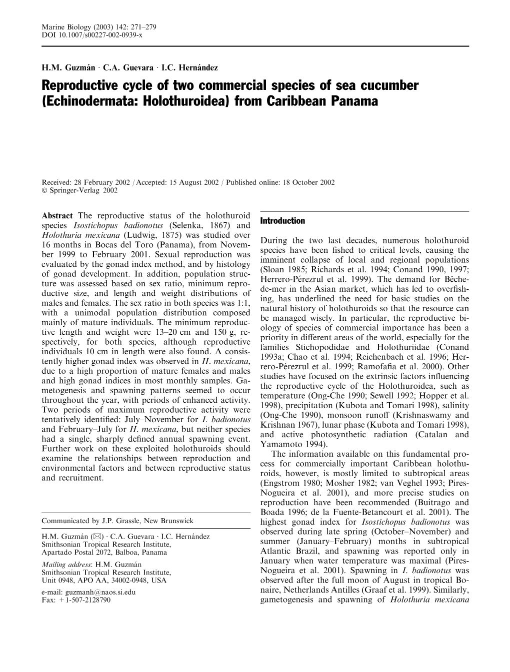 Reproductive Cycle of Two Commercial Species of Sea Cucumber (Echinodermata: Holothuroidea) from Caribbean Panama