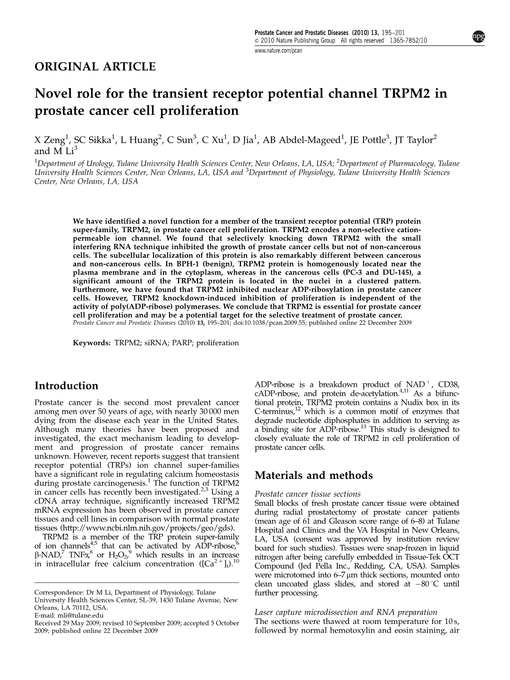 Novel Role for the Transient Receptor Potential Channel TRPM2 in Prostate Cancer Cell Proliferation