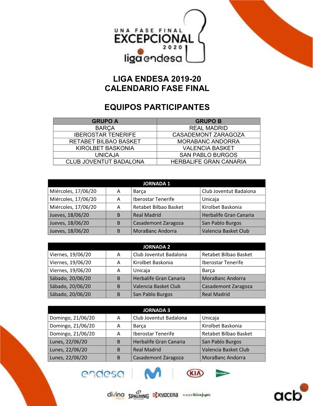 Liga Endesa 2019-20 Calendario Fase Final