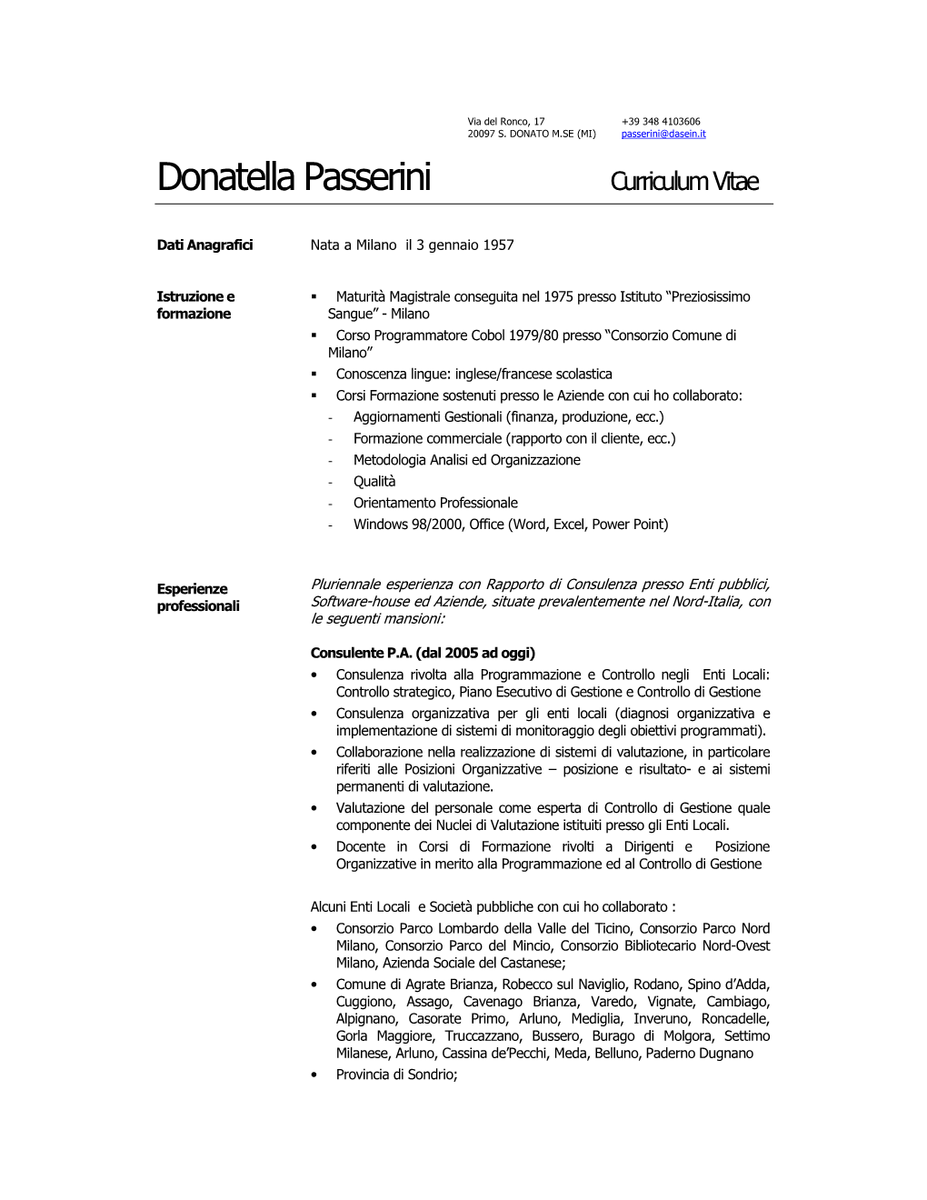 Donatella Passerini Curriculum Vitae