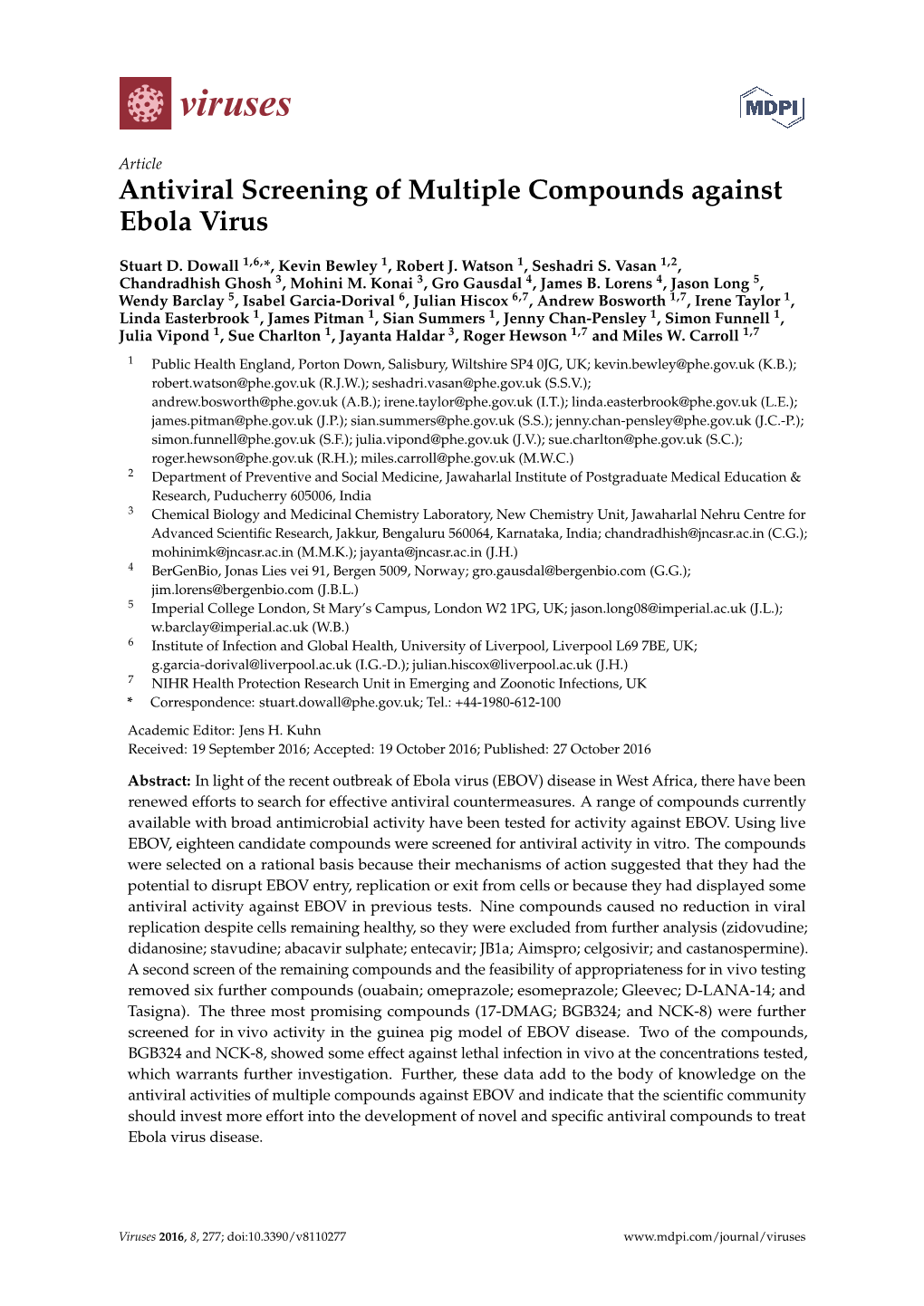 Antiviral Screening of Multiple Compounds Against Ebola Virus