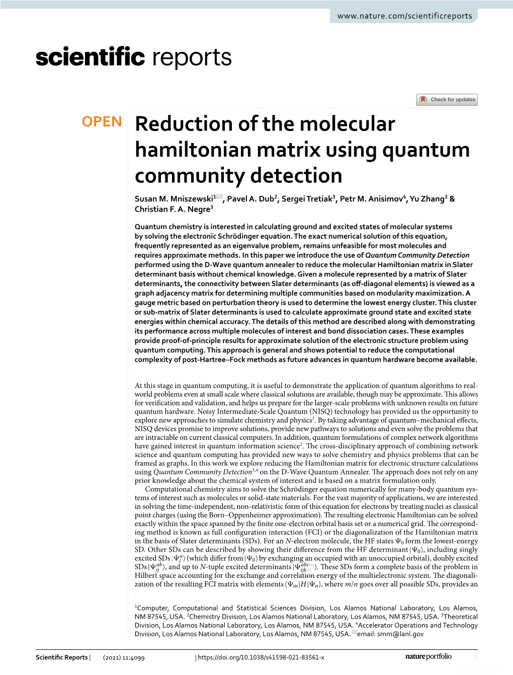 Reduction of the Molecular Hamiltonian Matrix Using Quantum Community Detection Susan M