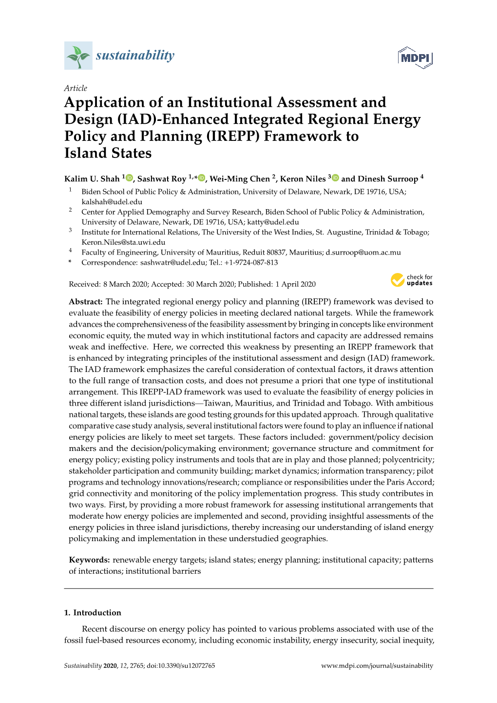 Enhanced Integrated Regional Energy Policy and Planning (IREPP) Framework to Island States