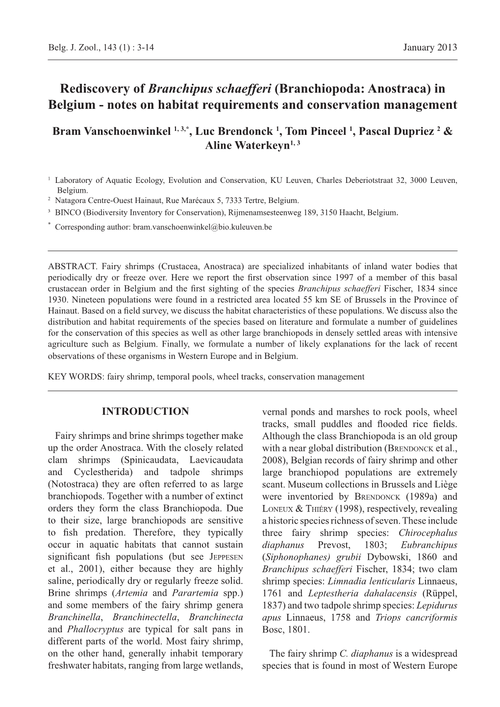 Branchiopoda: Anostraca) in Belgium - Notes on Habitat Requirements and Conservation Management