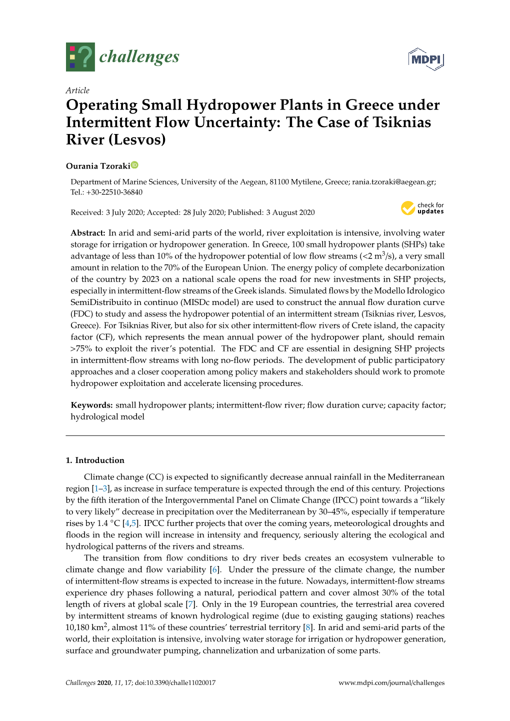 Operating Small Hydropower Plants in Greece Under Intermittent Flow Uncertainty: the Case of Tsiknias River (Lesvos)