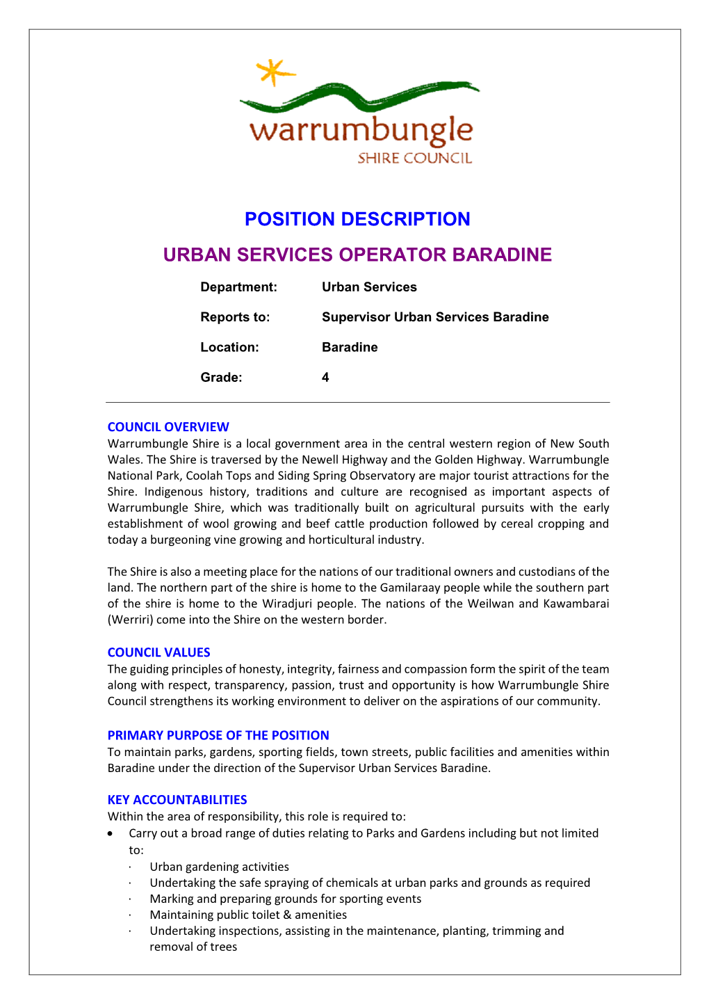 Position Description Urban Services Operator Baradine