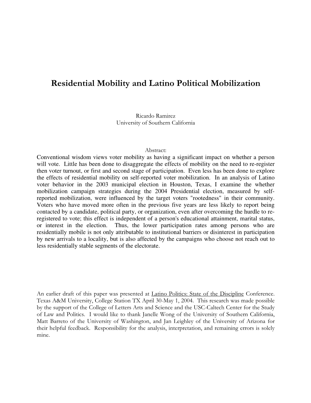 Residential Mobility and Latino Political Mobilization