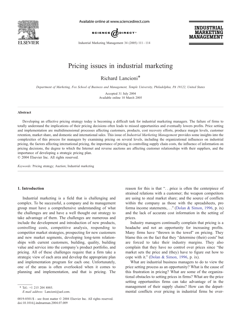 Pricing Issues in Industrial Marketing