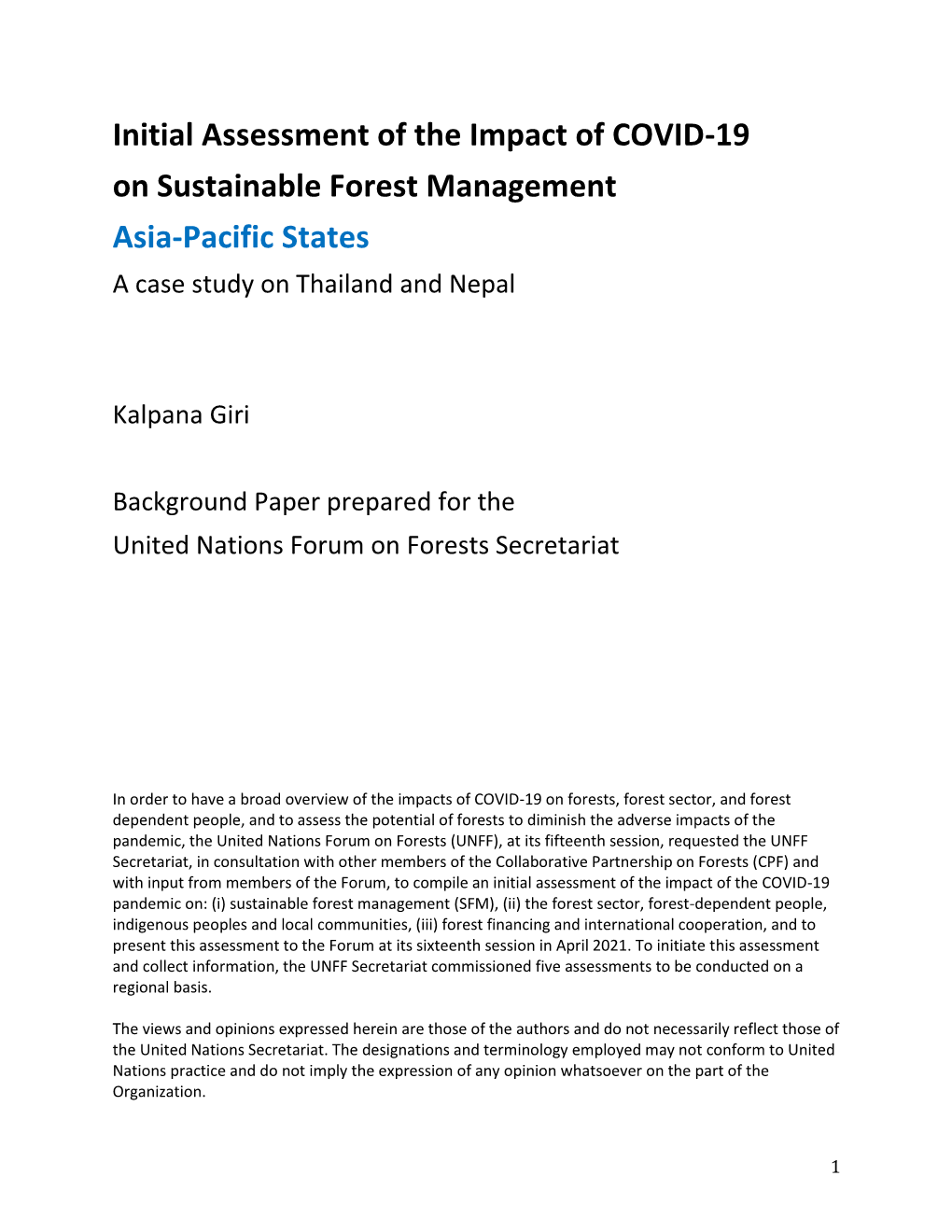 Initial Assessment of the Impact of COVID-19 on Sustainable Forest Management Asia-Pacific States a Case Study on Thailand and Nepal