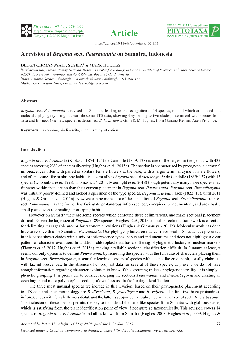 A Revision of Begonia Sect. Petermannia on Sumatra, Indonesia