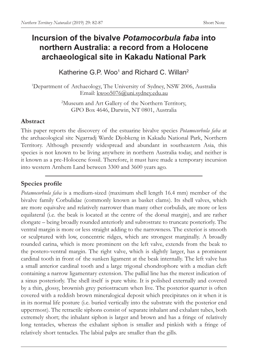 Incursion of the Bivalve Potamocorbula Faba Into Northern Australia: a Record from a Holocene Archaeological Site in Kakadu National Park